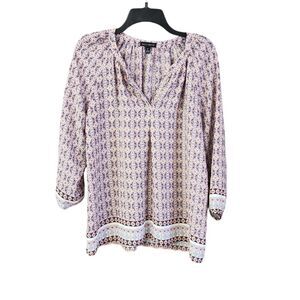 Willi Smith Blouse V Neck Size M Semi Sheer Flowy Floral Print Long Sleeve Top